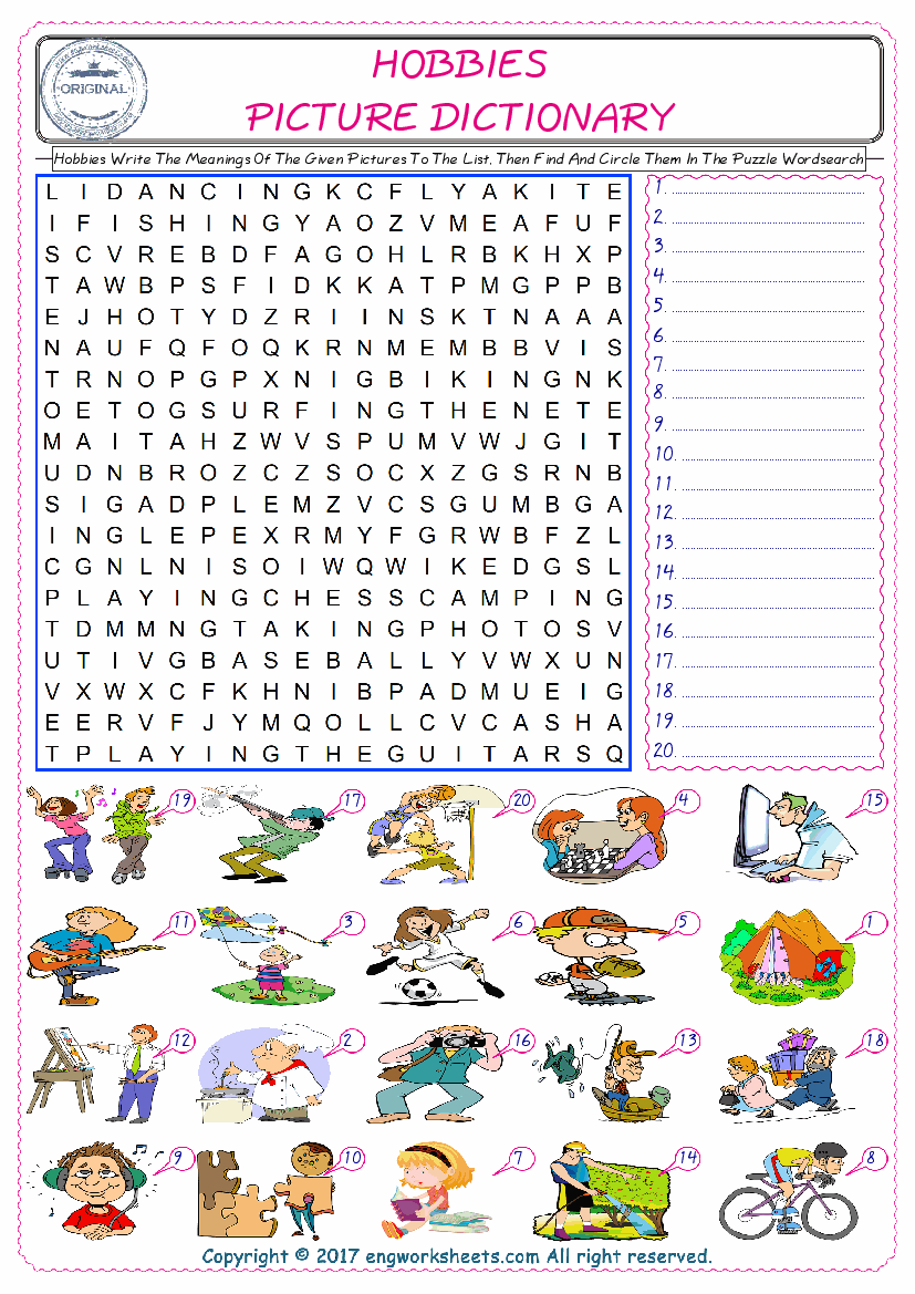  For kids, check the picture of Hobbies find, and write the word and find it in the word puzzle ESL printable worksheet. 